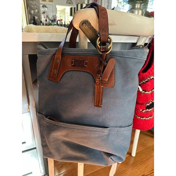 Crate and Barrel x FRYE Blue-Grey Canvas brown leather Backpack org $228.00 - Picture 12 of 16